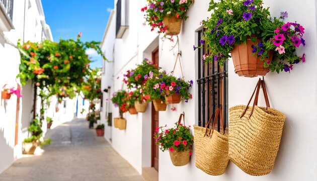 Charming Andalusian street adorned with colorful flowers and straw bags