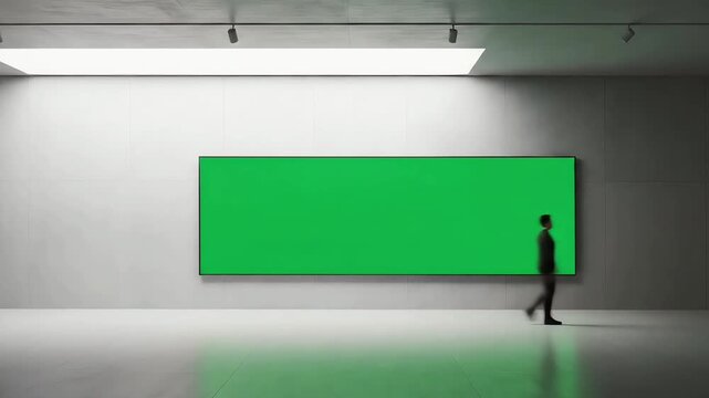 Silhouette of a man walking past a large blank green screen for mockup in a modern minimalist art gallery interior.