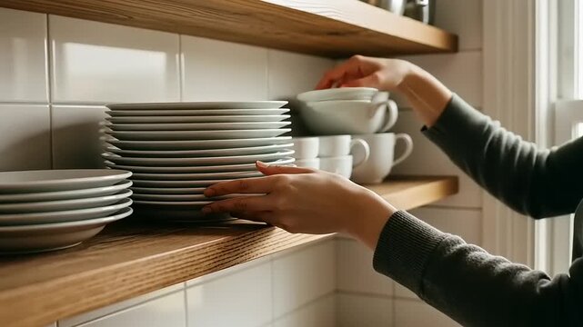 Woman arranging plates on a wooden shelf in a cozy kitchen with light streaming through a window