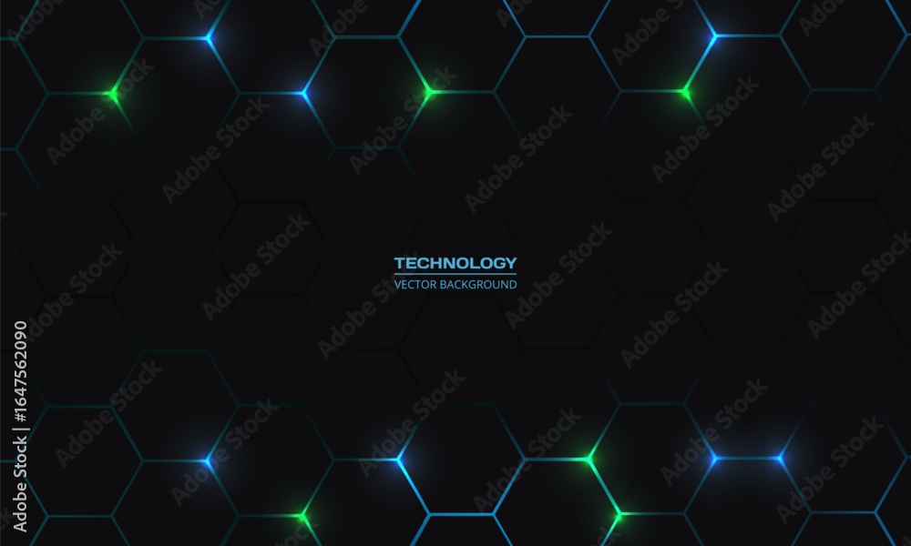 Poster dark hexagon abstract technology background with blue and green colored bright flashes under hexagon