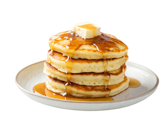 Stack of fluffy pancakes with melting butter and dripping syrup on a plate isolated on a transparent background
