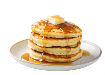 Stack of fluffy pancakes with melting butter and dripping syrup on a plate isolated on a transparent background