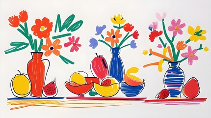 colored scribbles depict flowers and fruit