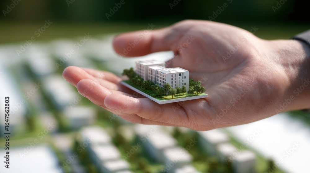 Poster hand holds compact residential block model, showcasing modern architecture surrounded by greenery. t