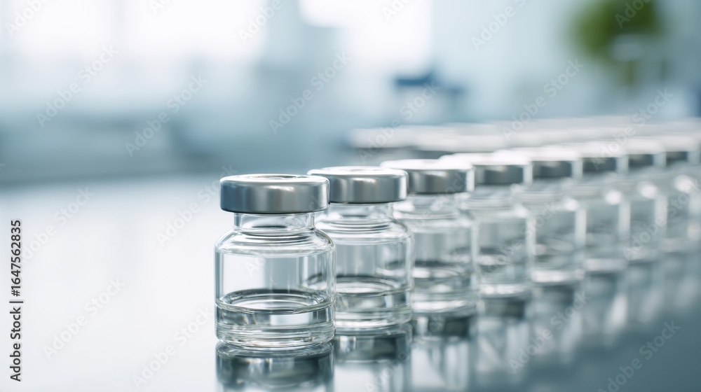 Poster clear glass vials arranged in row on reflective surface, showcasing modern laboratory environment. s