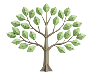 Stylized geometric tree with light green leaves and brown branches isolated on a transparent background
