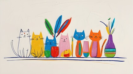 a colorful scribble painting depicting a cat hiding in a flower vase