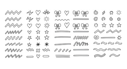 Hand drawn doodle elements for decoration, cute hearts, stars, bows, and swirls in vector style graphic art