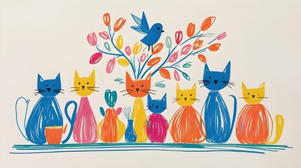 a colorful graffiti painting depicting a cat with its body in a flower vase