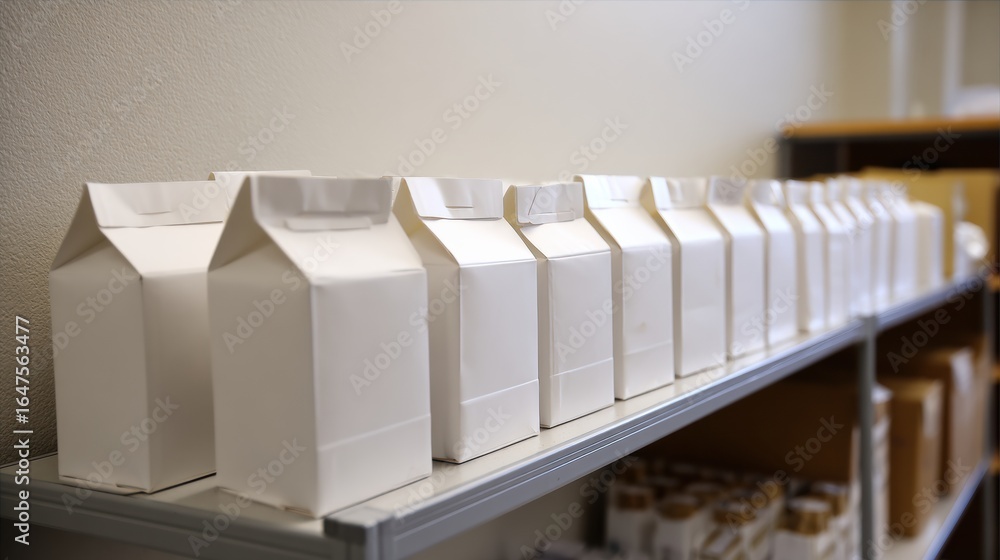Poster white cartons neatly arranged on shelf create clean and organized appearance, showcasing simplicity 