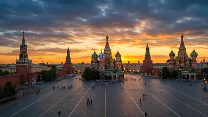 Red Square Sunrise: Moscows Iconic Landmarks Glow Under Dramatic Sky.