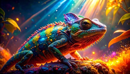 Obraz premium Colorful Chameleon Walking on Mossy Rock in Bright Jungle