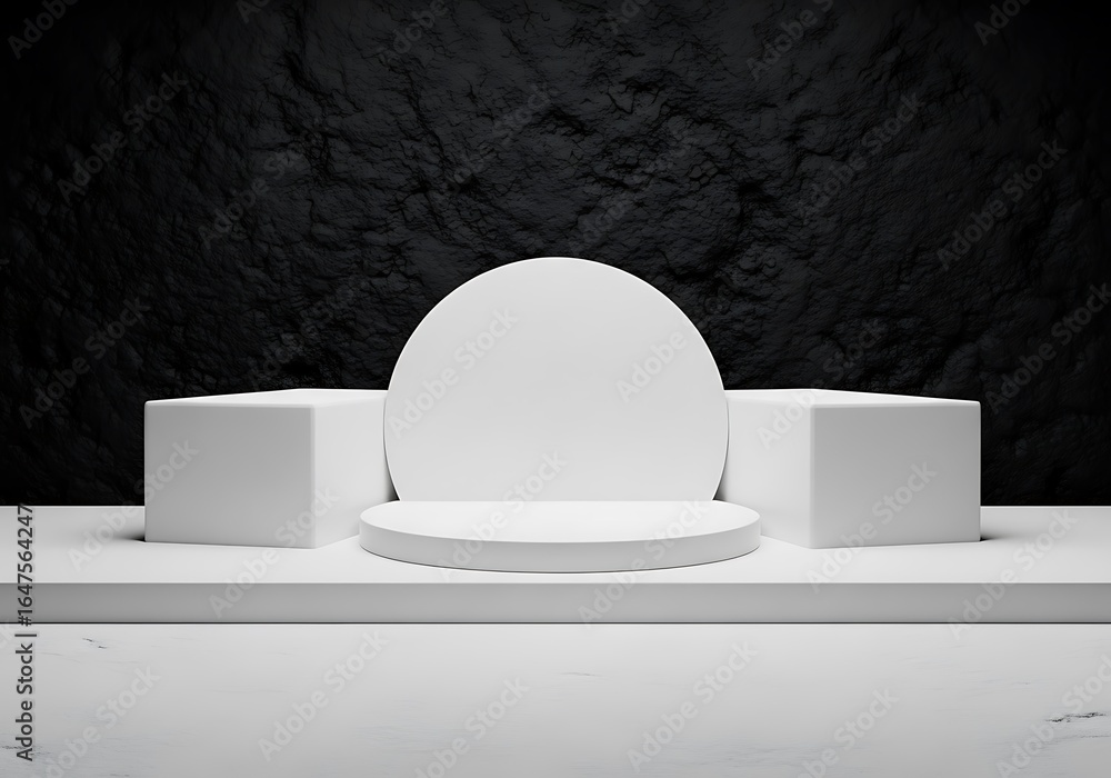 Poster minimalist display podium with geometric shapes and dark background
