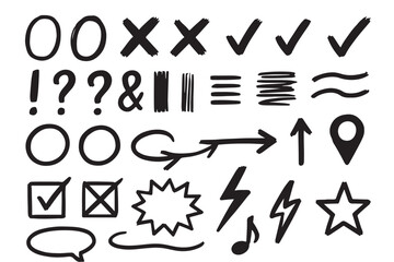Sheet of brush pen sketches with musical notation elements