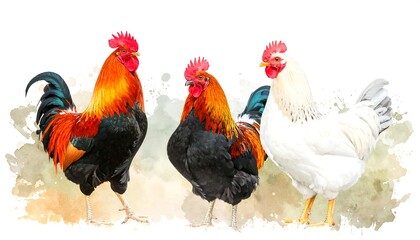 Fototapeta premium Watercolor Painting of Three Roosters with Vivid Plumage and Detailed Crests on a White Background