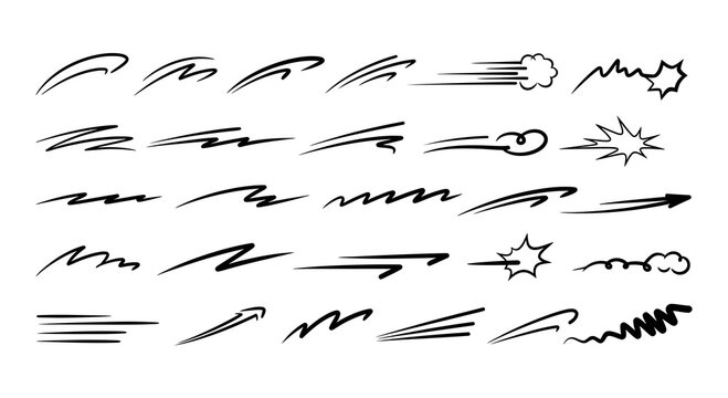 Dynamic speed lines and swooshes collection for graphic design projects, vector art elements, motion effects