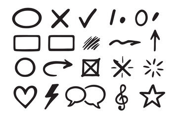 Organic black ink icon set with imperfect hand drawn lines