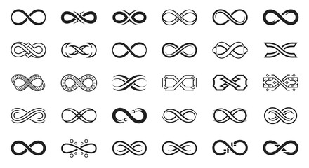 Diverse infinity symbol set for branding, design, and timeless concepts, originally scalable vector graphics