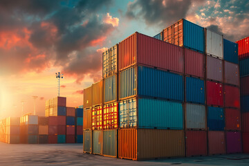 Fototapeta premium Stacked shipping containers in a seaport during golden hour. Ideal for global trade and logistics concepts.