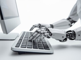 Robotic hands typing on keyboard isolated on white background