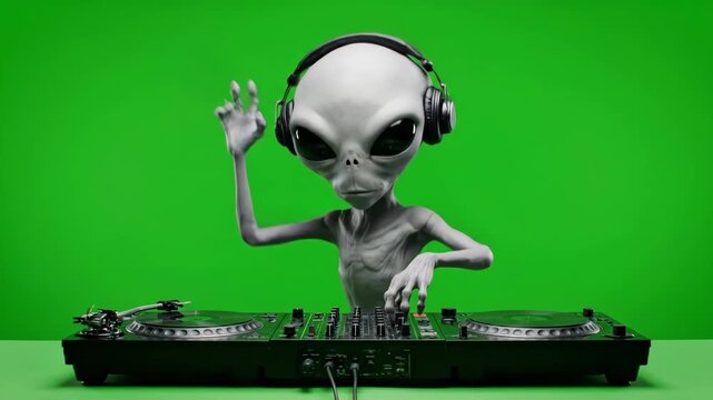 Alien DJ Mixing Music on Green Screen - A grey alien DJ wearing headphones mixes music on a DJ mixer against a bright green screen background.