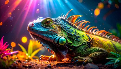 Fototapeta premium Colorful Iguana Resting with Rainbow Lighting on Nature Background