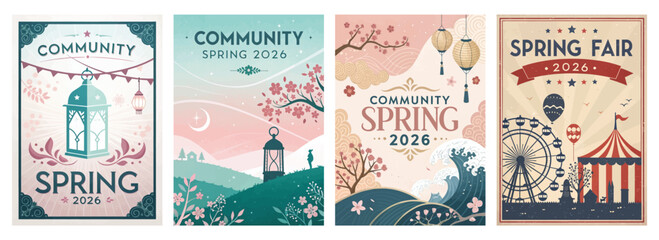 Vibrant spring-themed community event posters featuring lanterns, cherry blossoms, and a ferris wheel.