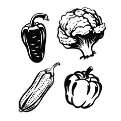 Fresh Vegetables Woodcut Vector Icon Set - Minimalist Black and White Illustrations