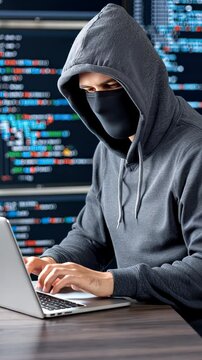 A person in a hoodie and mask focuses on coding at their laptop within an environment filled with digital data and programming