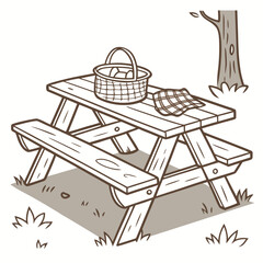 A charming illustration of a picnic table set with a basket and checkered cloth under a tree