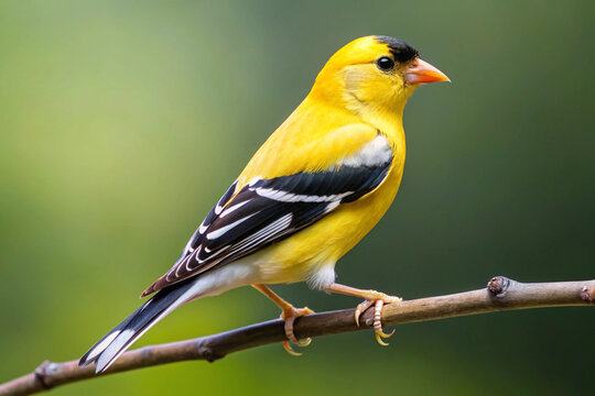 Bright yellow american goldfinch perched on a branch with soft green background