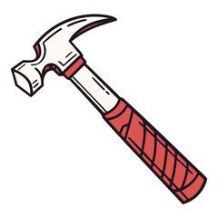 A simple cartoon illustration of a claw hammer with a red grip