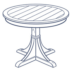 A simple line drawing of a round wooden table with a pedestal base and slatted top