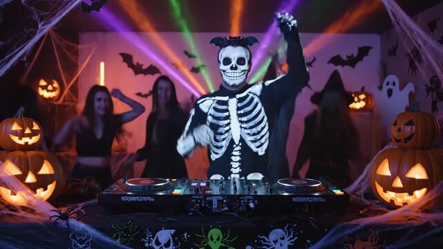 Skeleton DJ at Halloween Party - A skeleton-costumed DJ performs at a Halloween party, surrounded by dancing guests and illuminated pumpkins.