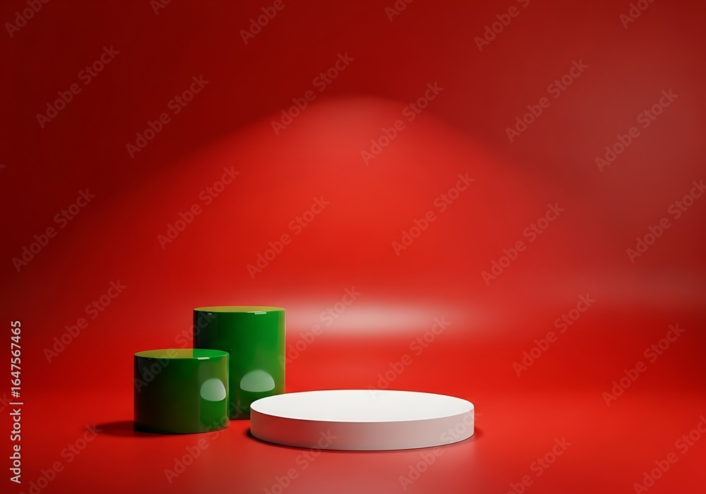 Poster minimalist podium with red and green elements on red background
