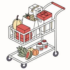 Fully stocked shopping cart filled with groceries and household items