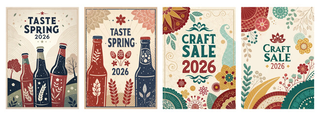 Colorful promotional posters for a Spring 2026 craft sale, featuring floral and beverage designs.