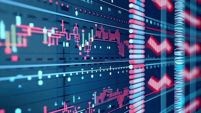 Dynamic display illustrates the analysis of complex data sets, highlighting trends and correlations with vivid colors and elegant lines