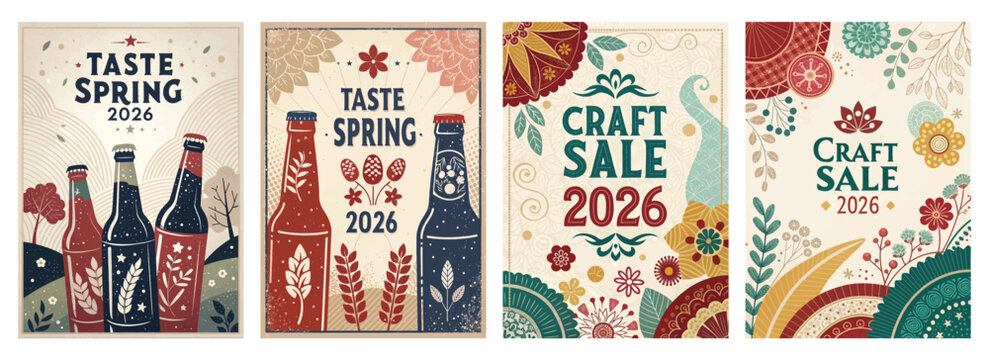 Colorful promotional posters for a Spring 2026 craft sale, featuring floral and beverage designs.