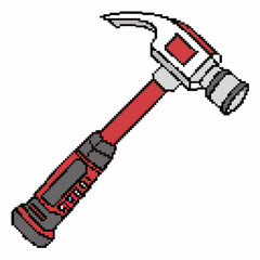 Pixel art illustration of a red and white claw hammer with a detailed handle