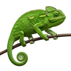 Obraz premium Green Chameleon on Branch, isolated on transparent background