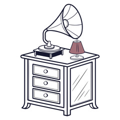 Vintage gramophone and lamp on a classic wooden nightstand with drawers and mirror