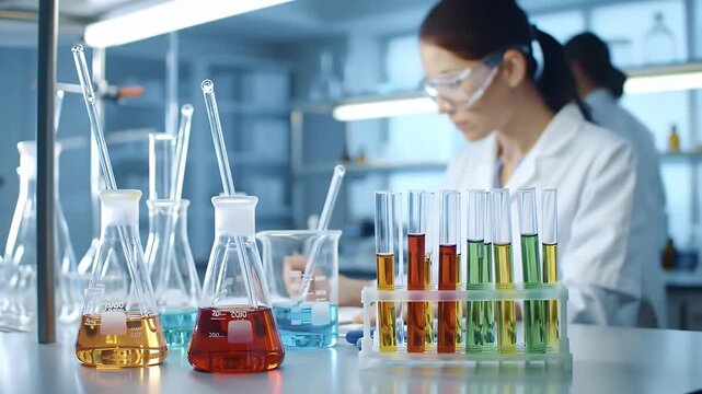 Colorful liquids in lab glass with a scientist out of focus in background - Powered by Adobe