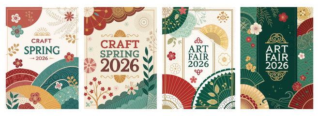 Colorful posters for a craft fair and spring event, featuring floral designs and elegant patterns.