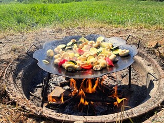 In the yard, in the grass, vegetables are roasting on a metal fire pit sunk into the ground,...