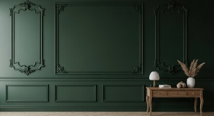 Elegant Dark Green Room Interior with Classic Wall Paneling and Decorative Accents