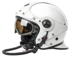 White retro motorcycle helmet with brown tinted visor and black strap isolated on a transparent background