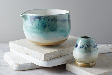 Tea bowl ceramic on gray background.