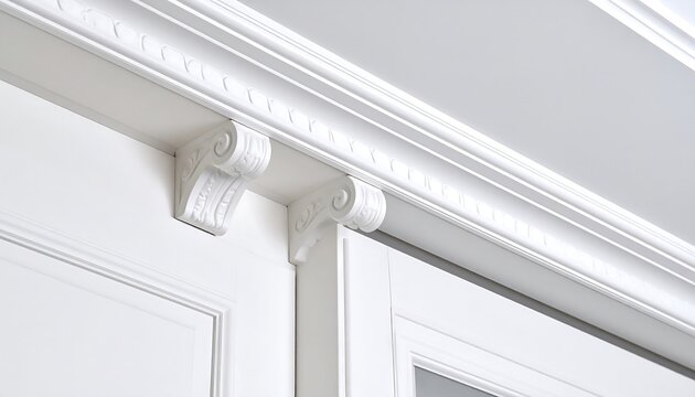 Close-up of Ornate White Architectural Moulding and Corbels on Door Frame