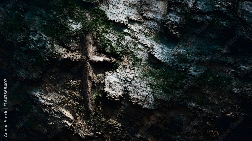 Poster Cross carved into tree bark in a serene forest setting